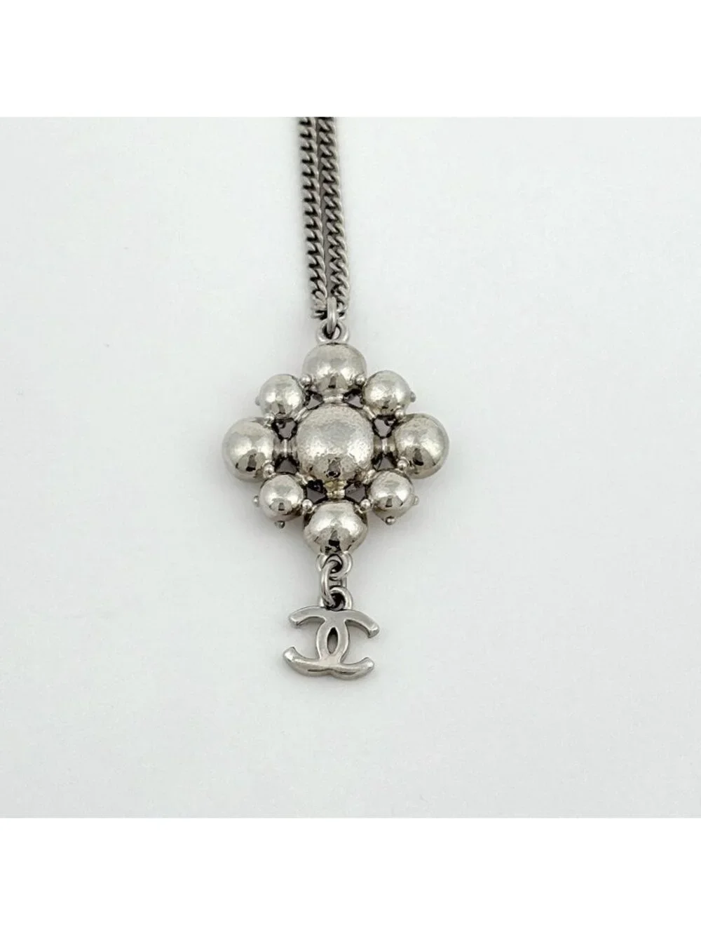 Chanel CC Logo Rhinestone Necklace Silver Plated